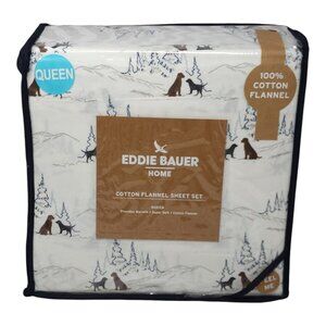 Eddie Bauer QUEEN Cotton Flannel Sheets Bedding Set Dog Friends White Trees